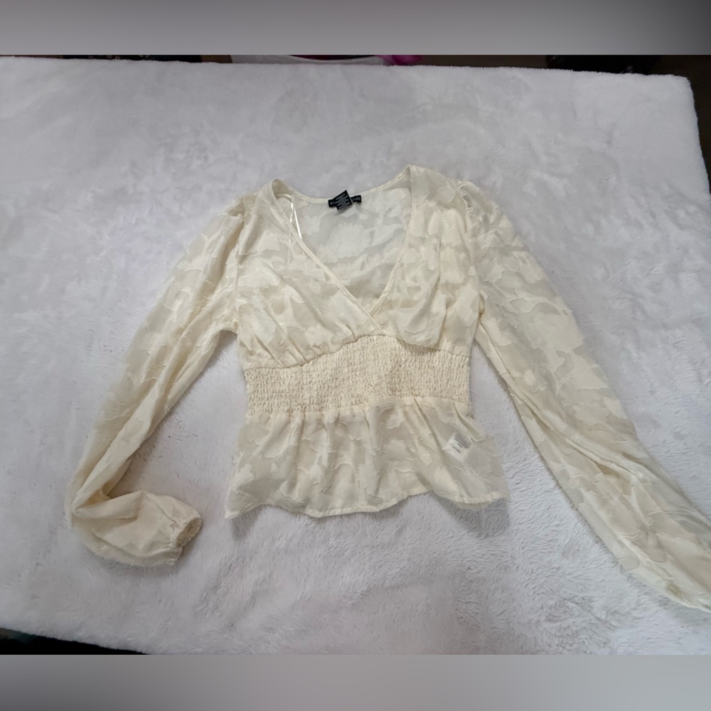 Sincerely Jules Cream Ruffled Peplum Blouse with Peter Pan Collar